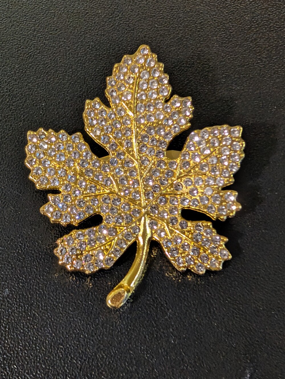 Gold Leaf Crystal Brooch - Sparkling Gold Tone Leaf Pin